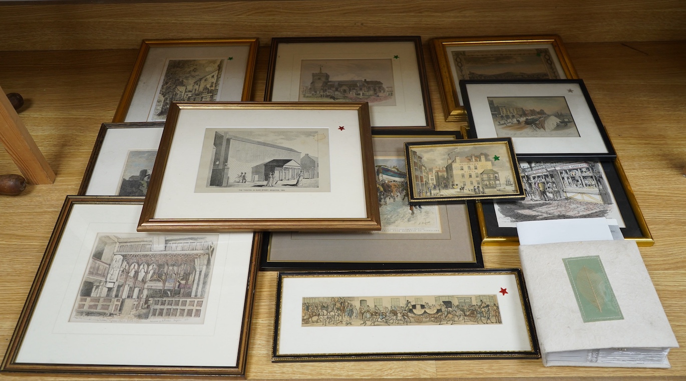 A collection of Brighton prints and engravings to include Mahomeds Baths, Brighton and London Safety Coach, St Nicholas Church and The Block House, largest 20 x 21cm, (12), together with postcard album, mostly Brighton s